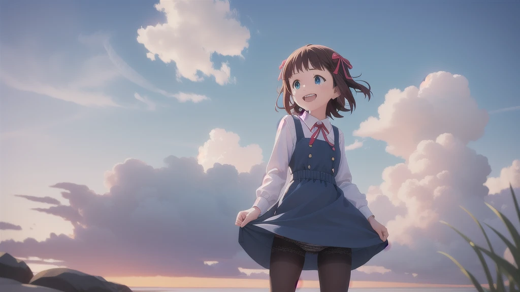 (((Pixel Perfect, Perfect in every detail))),alone,1人of女of子,Amami Haruka,red ribbons,View your viewers,smile,Happy,
Day,null,cumulus clouds,in spring,High resolution,colorful,Volumetric lighting,
depth_of_Field,alone_concentrated,depth of Field,Front view,whole body,
Teen,skinny,thin,thin,(expensive:1.1),
,(blue dress),School_uniform,length_sleeve,shirt,dress,white_shirt,襟ed_shirt,head_ribbon,apron_dress,Best,(Lace-up_boots:1.1),(black_pantyhose:1.4),Panty lines,
Outdoor,Beach,
(Skin Dentition:1.4),thin thighs,