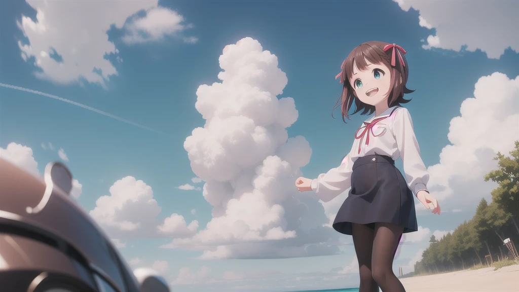 (((Pixel Perfect, Perfect in every detail))),alone,1人of女of子,Amami Haruka,red ribbons,View your viewers,smile,Happy,
Day,null,cumulus clouds,in spring,High resolution,colorful,Volumetric lighting,
depth_of_Field,alone_concentrated,depth of Field,Front view,whole body,
Teen,skinny,thin,thin,(expensive:1.1),
,(blue dress),School_uniform,length_sleeve,shirt,dress,white_shirt,襟ed_shirt,head_ribbon,apron_dress,Best,(Lace-up_boots:1.1),(black_pantyhose:1.4),Panty lines,
Outdoor,Beach,
(Skin Dentition:1.4),thin thighs,