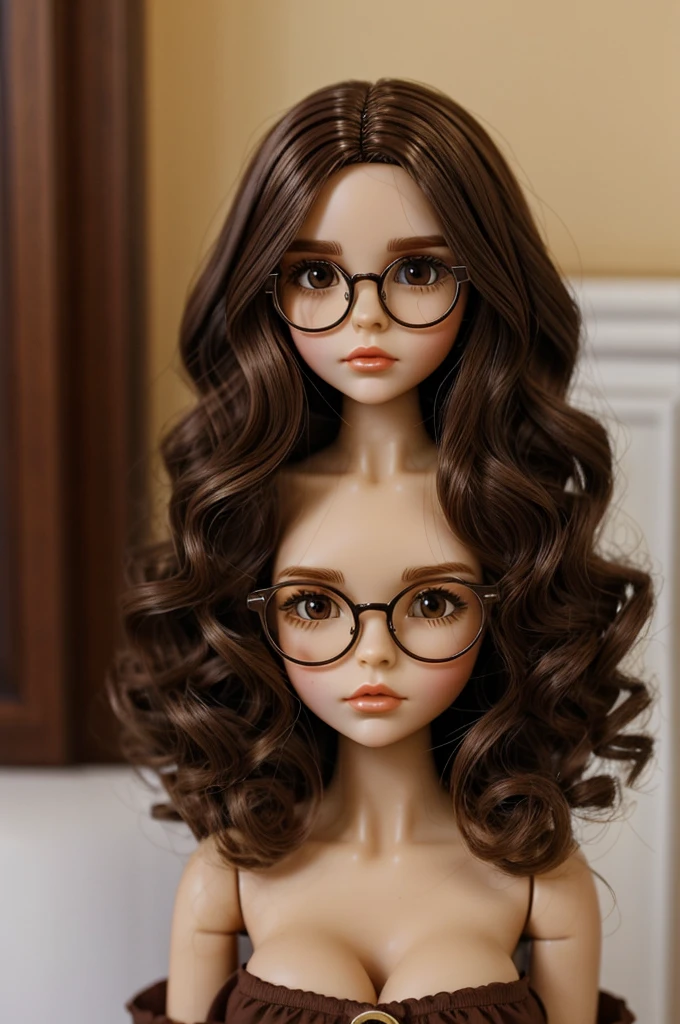 Blythe doll with wavy dark brown and Half hair, brown eyes, golden glasses, and a red Blouse strapless