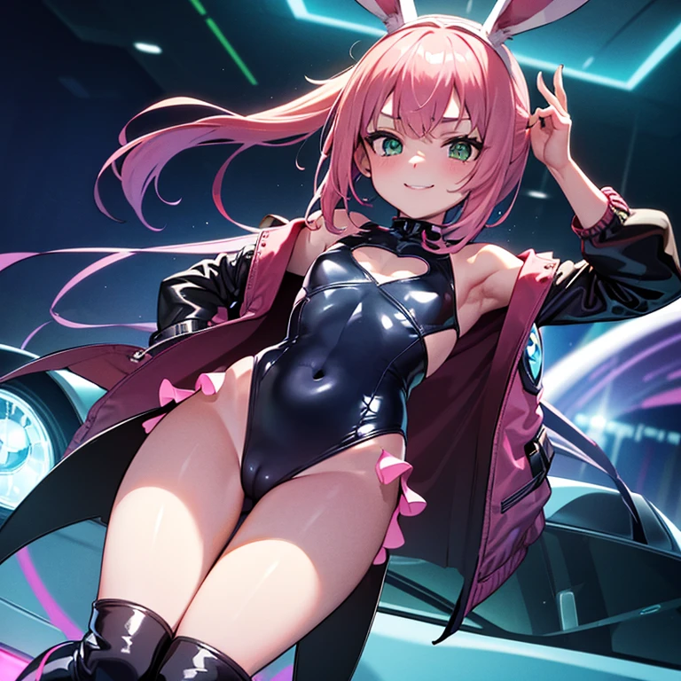(masterpiece), (best quality), (high res) Solo, (perfect anatomy), (young girl (), fair skin, pink hair (shoulder length), green eyes, (bunny ears) (skin tight swimsuit), (blue high heels boots), (shirt), (super tight mini skirt), smiling, flat chest, in a futuristic setting with a green light, cyberpunk, cyber suit, best anime 4k, cybersuits, inside a car
