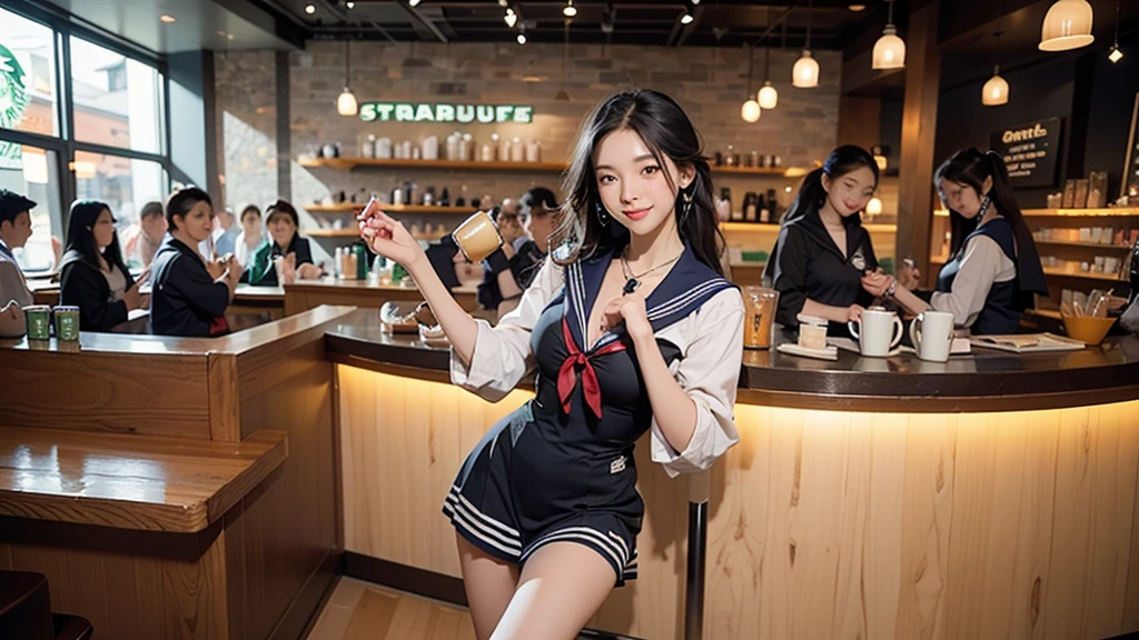 8K、RAW Photos、Highest quality、Super detailed、Super Resolution、Ultra HD、8K壁紙、Amazing details
(((Inside the Starbucks store、16 year old high school girl in sailor suit)))、Eat cake、Drink coffee、smile、Heart Necklace((Emphasize cleavage))
(Full body photo)