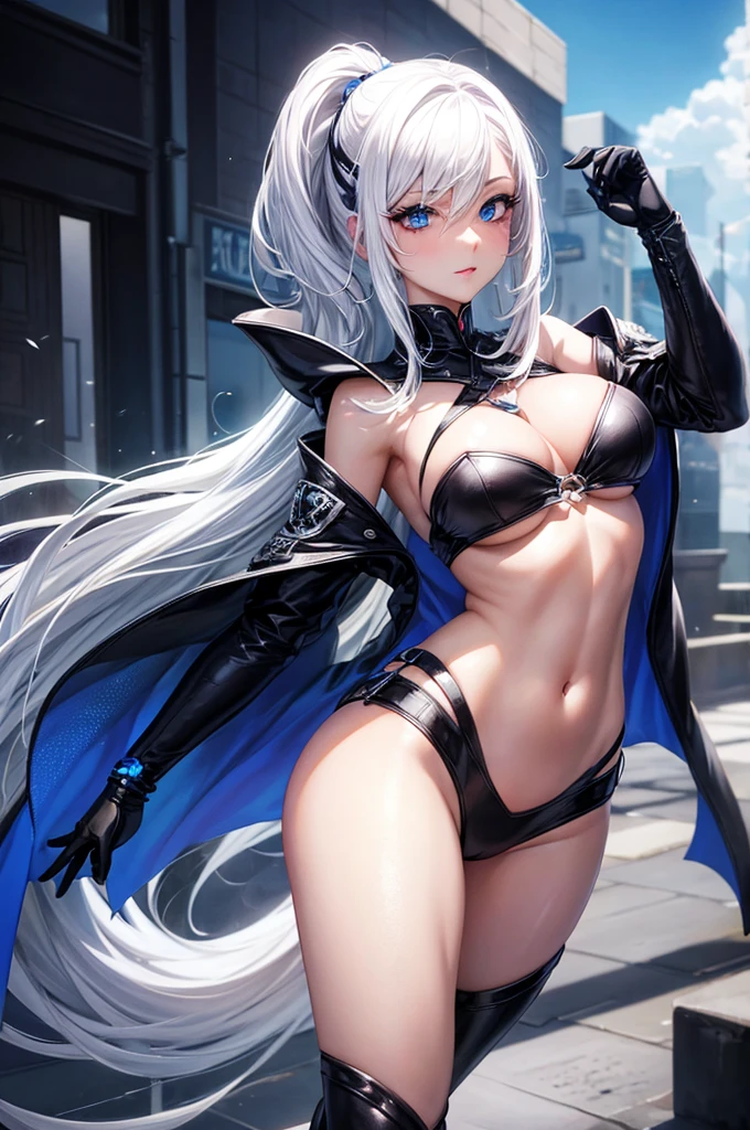 Create a sexy female character with white hair and blue eyes, 