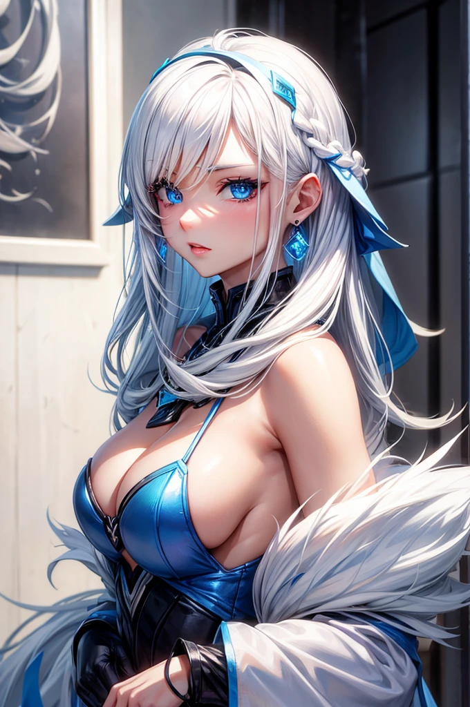 Create a sexy female character with white hair and blue eyes,
