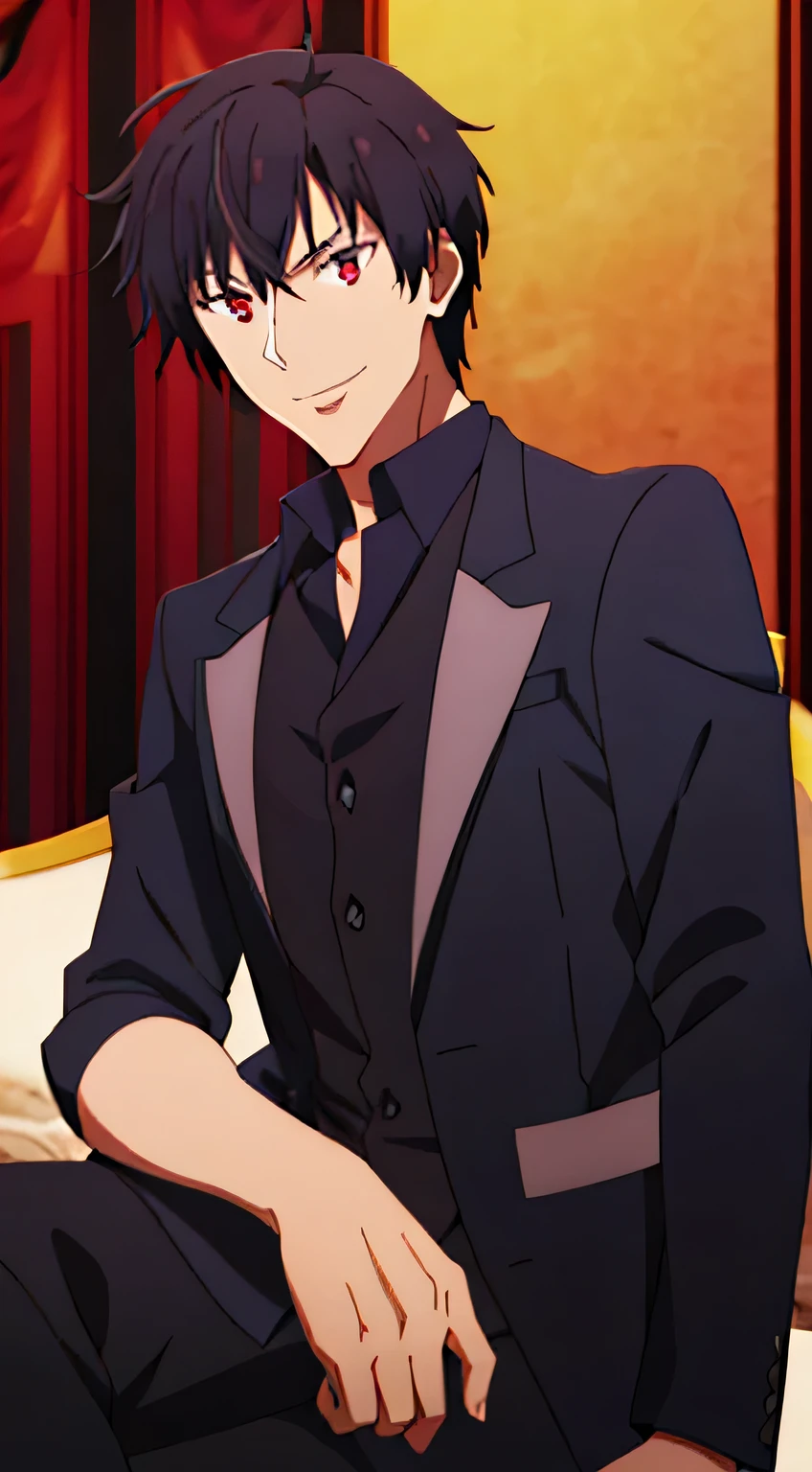 masterpiece, best quality, 1 , only, male focus, looking at the viewer, arrogant, smiling, Anos voldigoad, black hair, red eyes, black suit, in a normal pose, background, Inside the party 

