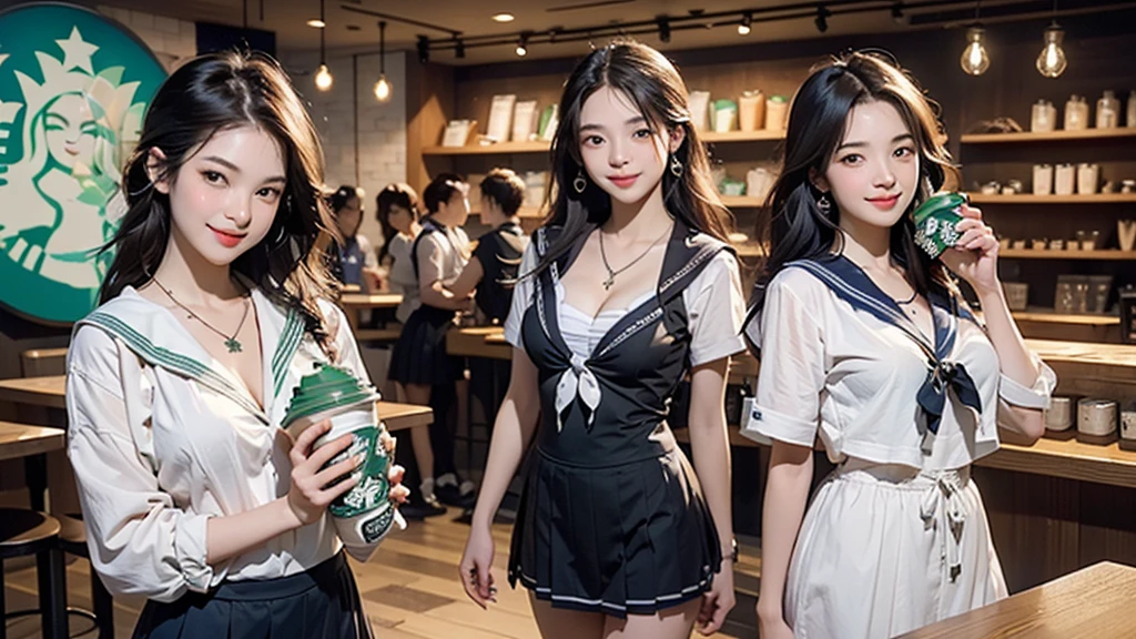 8K、RAW Photos、Highest quality、Super detailed、Super Resolution、Ultra HD、8K壁紙、Amazing details
(((Inside the Starbucks store、16 year old high school girl in sailor suit)))、Eat cake、Drink coffee、smile、Heart Necklace((Emphasize cleavage))
(Full body photo)