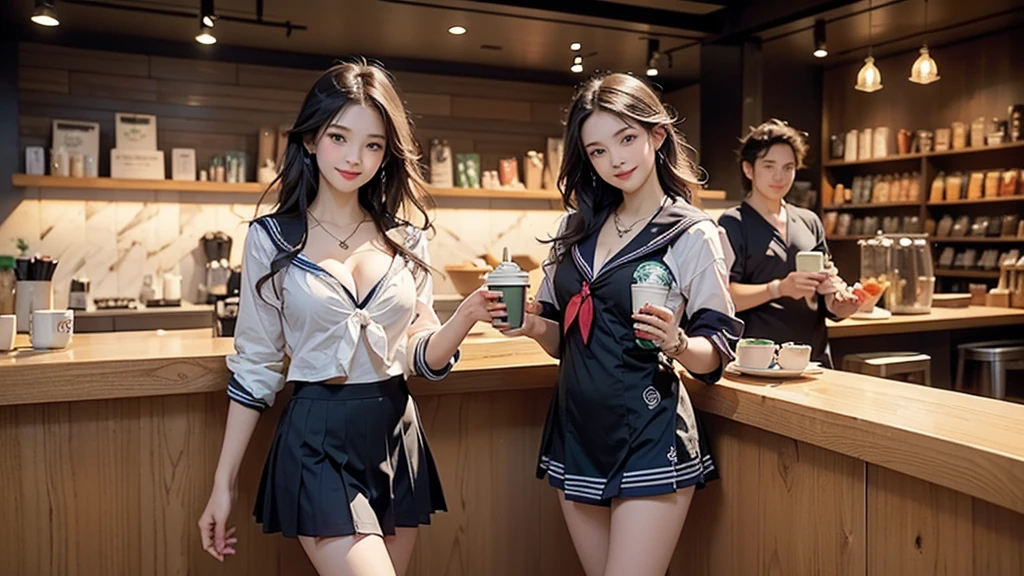 8K、RAW Photos、Highest quality、Super detailed、Super Resolution、Ultra HD、8K壁紙、Amazing details
(((Inside the Starbucks store、16 year old high school girl in sailor suit)))、Eat cake、Drink coffee、smile、Heart Necklace((Emphasize cleavage))
(Full body photo)