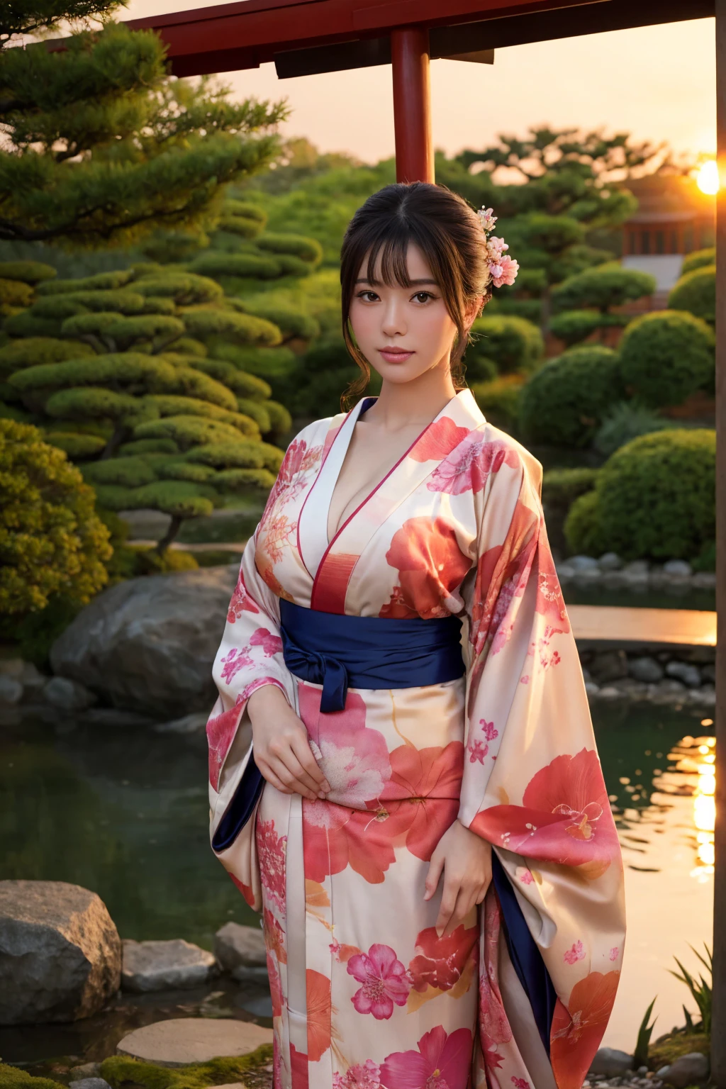standing in a Japanese garden、Beautiful woman、Very large breasts、(looking at viewer)、nature、kimono、Japanese clothing、Details of the skin、real、Dim lighting、mysterious、sunset