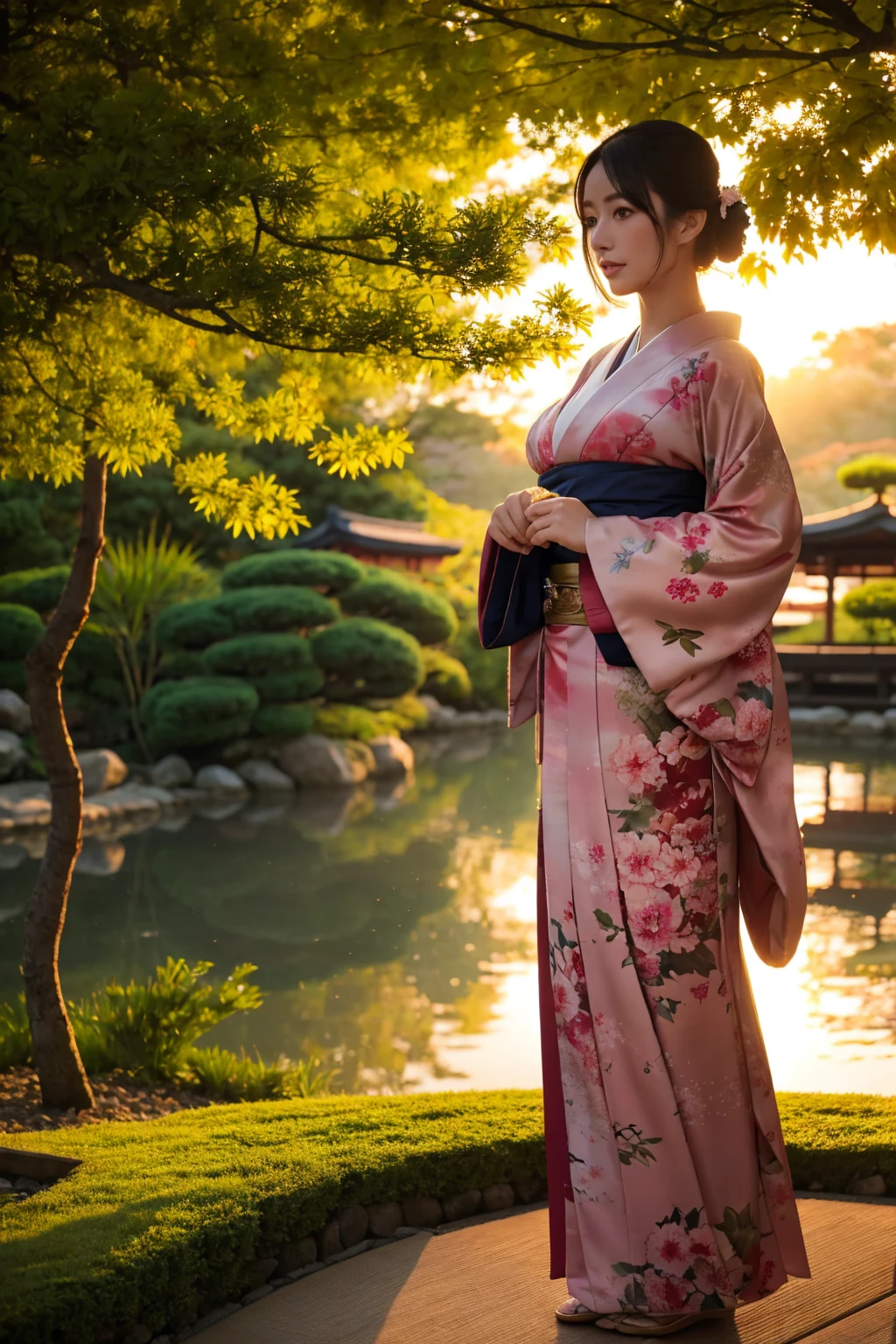 standing in a Japanese garden、Beautiful woman、Very large breasts、(looking at viewer)、nature、kimono、Japanese clothing、Details of the skin、real、Dim lighting、mysterious、sunset