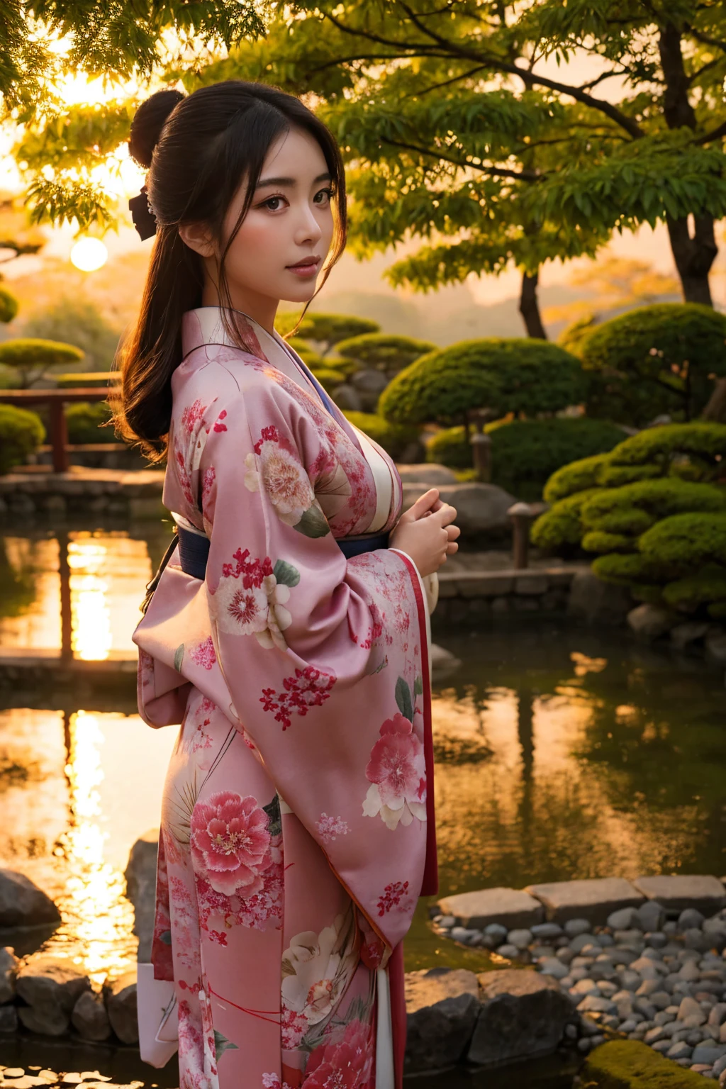 standing in a Japanese garden、Beautiful woman、Very large breasts、(looking at viewer)、nature、kimono、Japanese clothing、Details of the skin、real、Dim lighting、mysterious、sunset