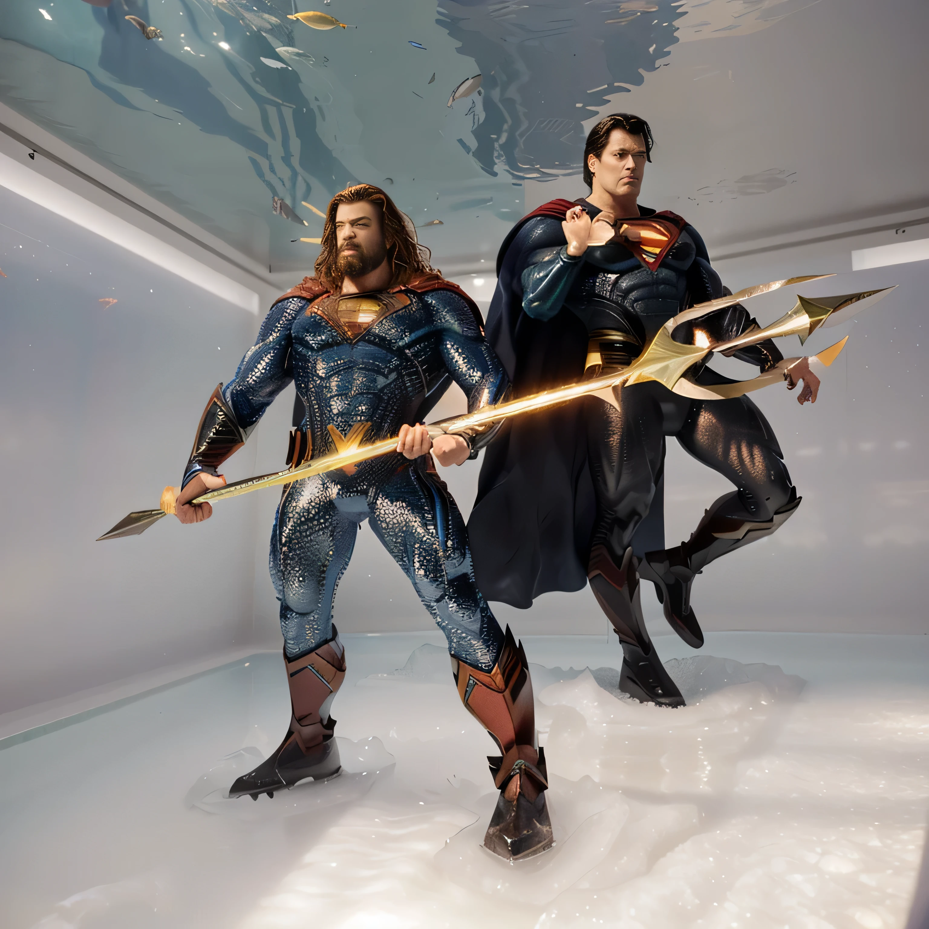 Aquaman and Superman in a setting of water, ice, glass, aquarium.