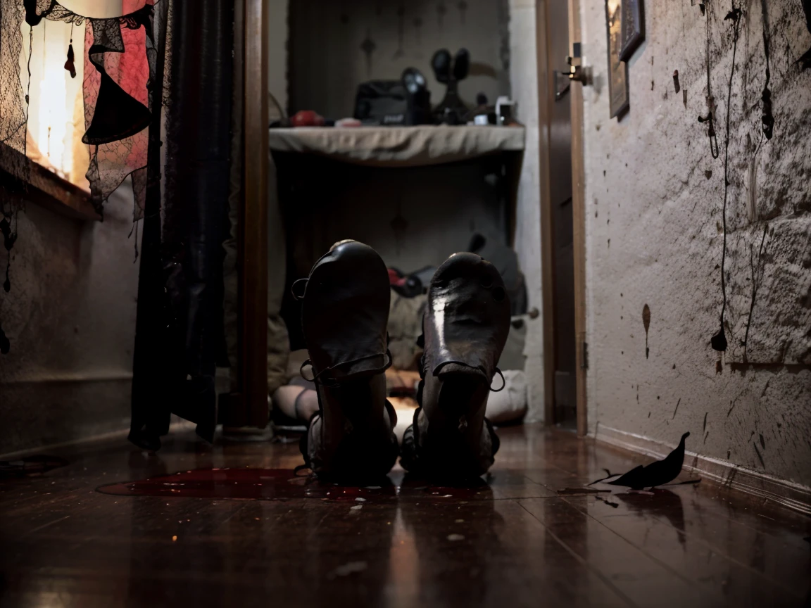 feet lying on the floor of a scary and dark house, a lot of blood dripping