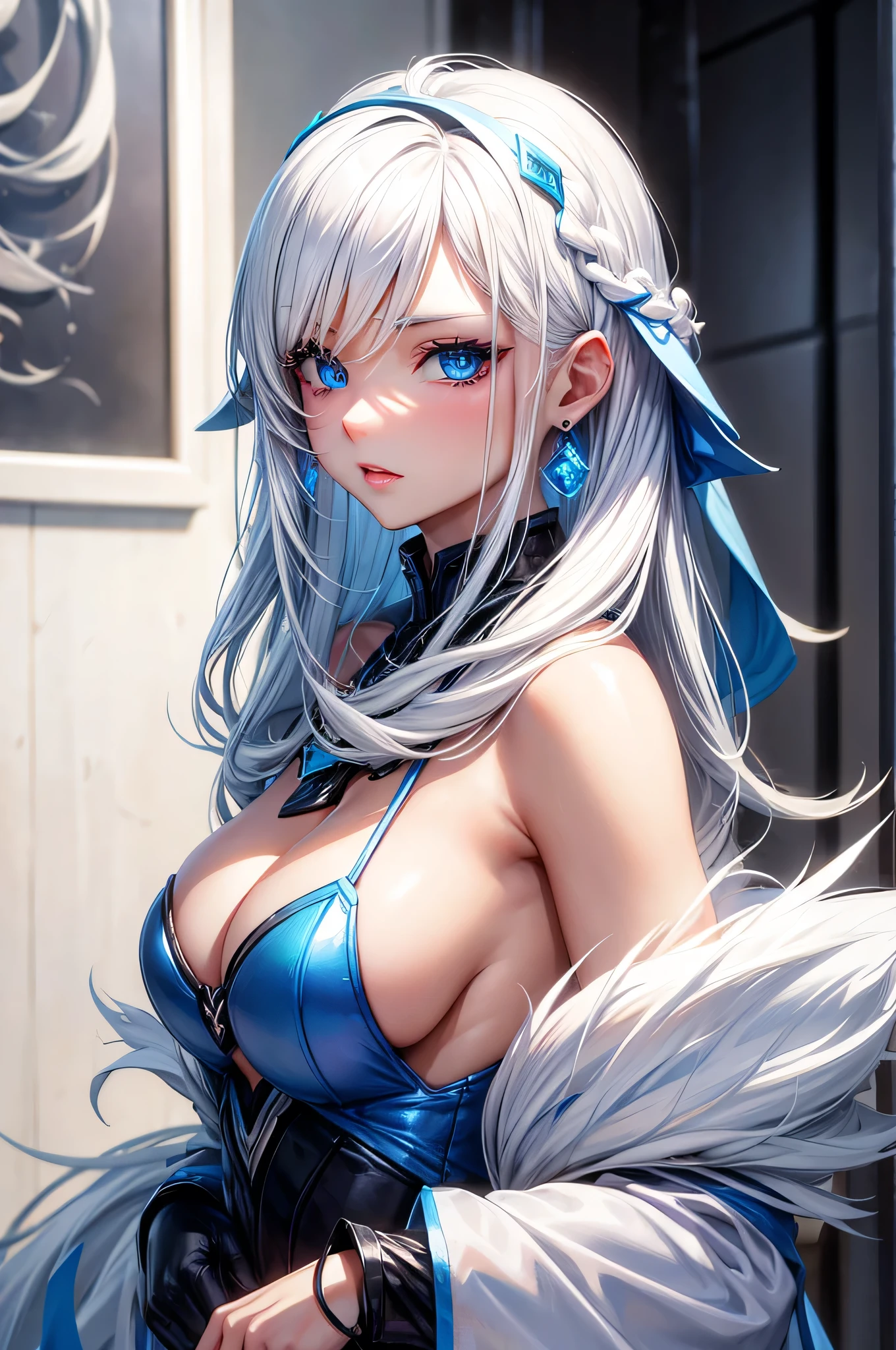 Create a sexy female character with white hair and blue eyes,