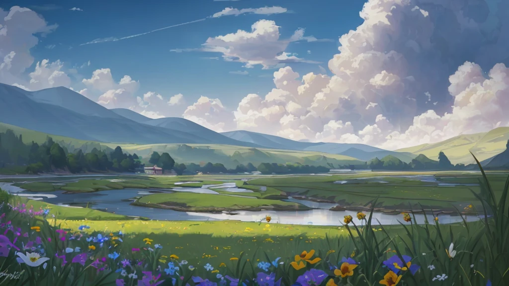 16k quality, masterpice, epic light, many sunshine with yelow-white color, natural Subsurface scattering on plants, big and gorgeous skies, ultra detailed flowers with different colors in prim plan, dinamic river being by grass, contrast and joyfull and bright real-nature colors, defined flowers, proportional flowers, very bright day