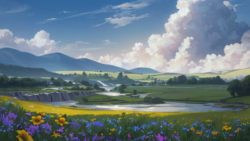 16k quality, masterpice, epic light, many sunshine with yelow-white color, natural Subsurface scattering on plants, big and gorgeous skies, ultra detailed flowers with different colors in prim plan, dinamic river being by grass, contrast and joyfull and bright real-nature colors, defined flowers, proportional flowers, very bright day
