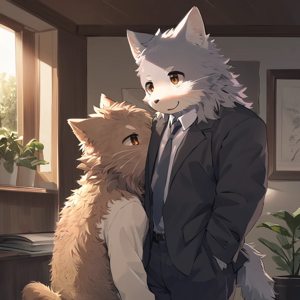 front page, high resolution, Superior quality, Best Quality, paid reward available, incomparable masterpiece, perfect work of art, absurdities, High quality illustrations, súper high resolution, detailed background, perfect ???????(handsome 1boy, kemono, Suits, hairy den, hairy body, cat facial features, cat body features) (handsome 1boy, kemono, Suits, hairy den, hairy body, dog facial features, dog body characteristics)standing,Hugs, SMILE, happy, cinematic lighting