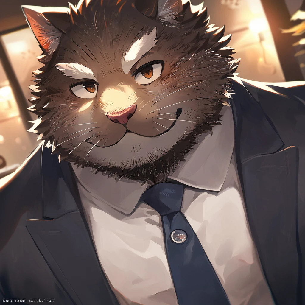 front page, high resolution, Superior quality, Best Quality, paid reward available, incomparable masterpiece, perfect work of art, absurdities, High quality illustrations, súper high resolution, detailed background, perfect anatomy(handsome 1boy, kemono, Suits, hairy den, hairy body, cat facial features, cat body features) (handsome 1boy, kemono, Suits, hairy den, hairy body, dog facial features, dog body characteristics)standing,Hugs, SMILE, happy, cinematic lighting