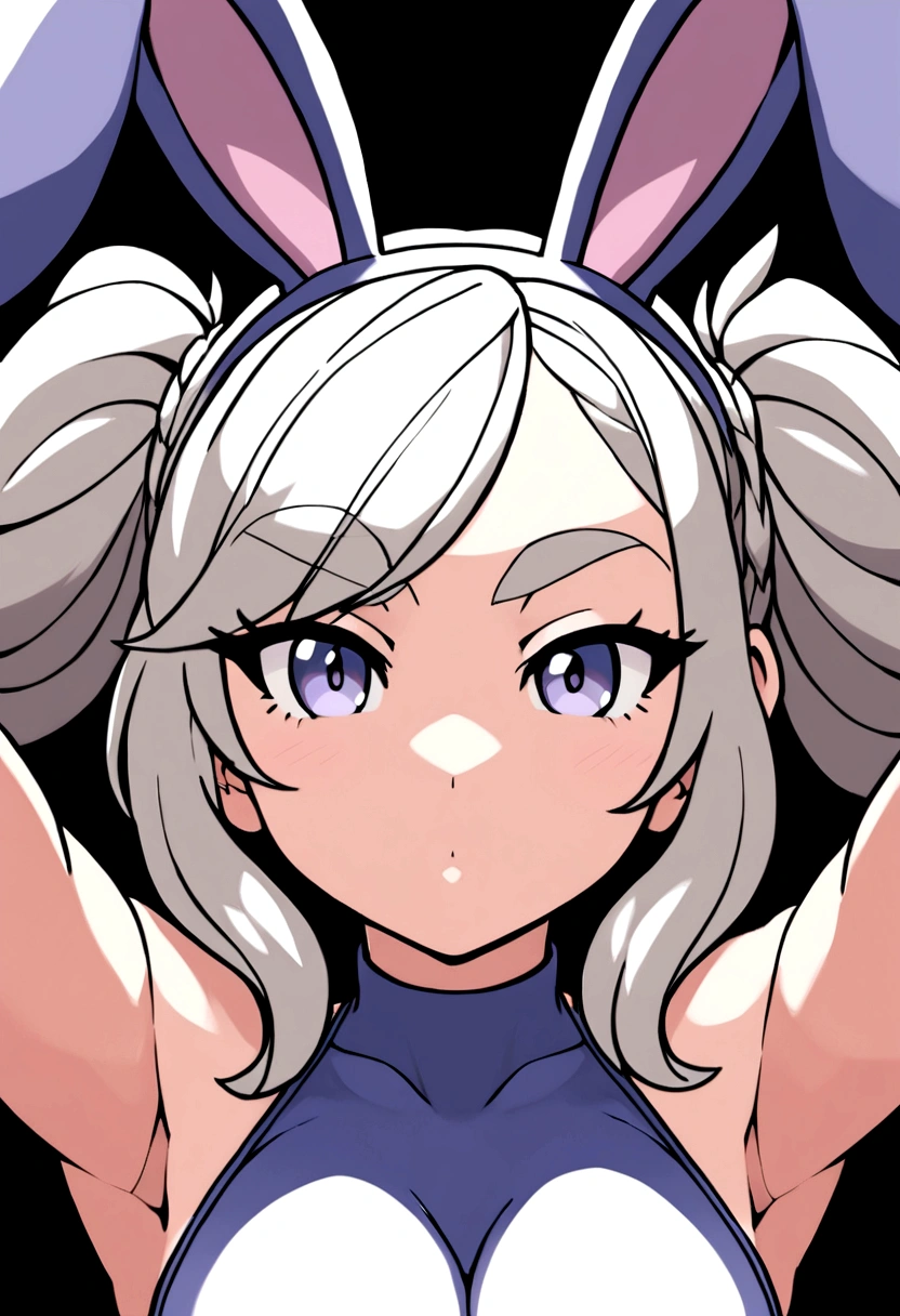 a cute girl in a leotard, oiled skin, holding big scissors, cleavage, big boobs, looking up with a happy smile, white skin, wearing a bunny suit, heterochromia eyes with one light blue and one glowing red eye, masterpiece, 8k, realistic, photorealistic, physically-based rendering, hyper detailed, studio lighting, vivid colors, sharp focus, professional, all on fours, bend over, tongue out, open mouth,looking up, squeezing tits,