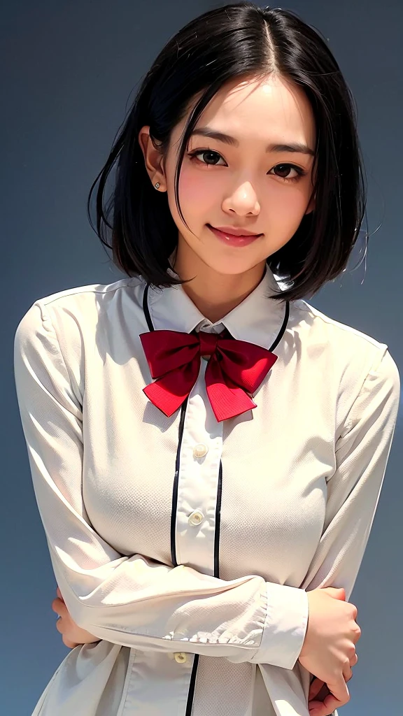 (1 woman:1.99)、(Wide forehead、Very short hair、Very small amount of hair、Forehead、Fuji frame:1.1)、Very sunburned、Gal、17 years old、Naughty、Happy expression、満面のsmile、Weakness、I feel very comfortable alone、(Japanese high school girls uniform、red bow tie),((Very sleepy、Improves skin texture,smile、Narrow eyes、Very weak eyesight、Very weak eyeliner、Half-closed eyes、I know the shape of your head、Oval Face))、(slicked back hair:1.25)、Photographic, Raw photo, Mastepiece, Highly detailed photos, Digital SLR, Photo-realistic 1.4, Super hello nothing, Best Quality,(standing、tilting your head、whole body:1.7)