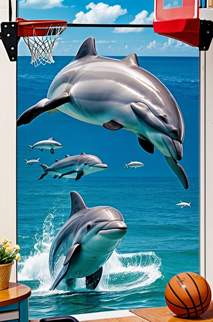 Create a dolphin playing basketball 

