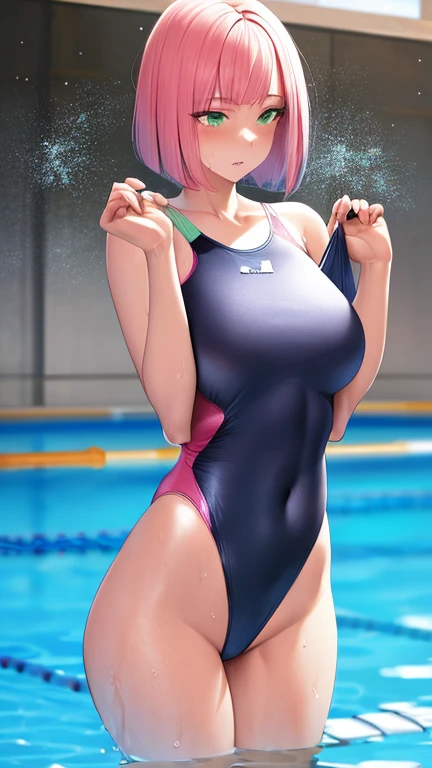 masterpiece, sub surface scattering,
Mature woman, glossy skin, pink hair, pretty jade green eyes, Bob Che,
Skinny one-piece swimsuit, self wedgie, skindentation, swimming pool,
Light particles, color difference