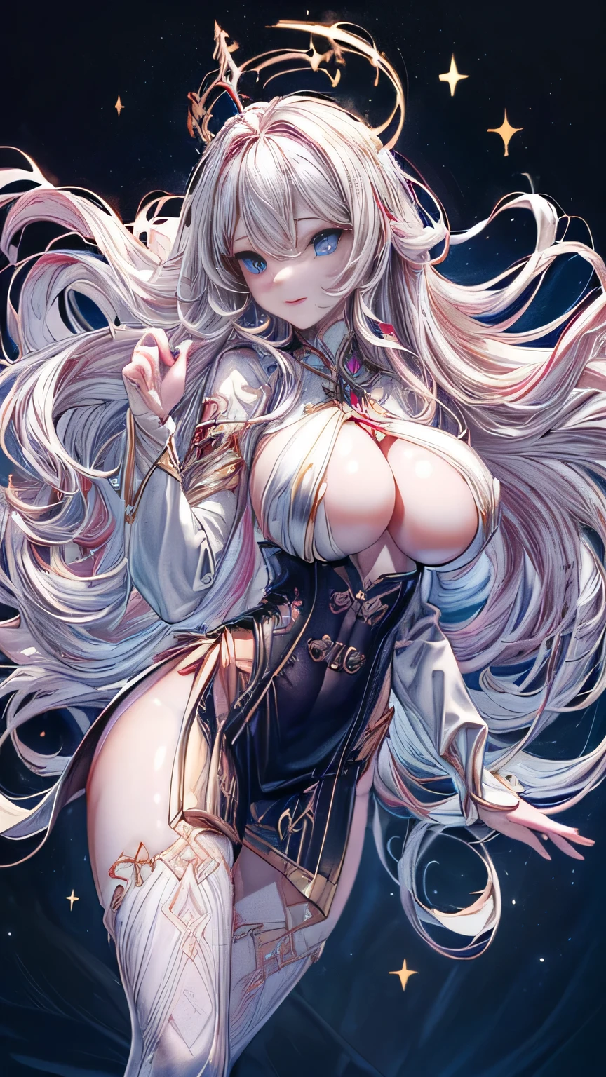 ((sureal image))((tall, beautiful, gorgeous, majestic, magical, celestical goddess)) ((seductive smile)) ((pale skin)) ((blue eyes)), ((dark eyeshadows make up)) ((red lips)) ((very long wavy platinum blonde hair, light glowing hair)) ((big breast:1.5)) ((skinny body:1.3)) ((wear very long sleeves strapless white corset, tiny thong bottom, with gold ornaments)) ((white stocking, jewelry)) ((seductive pose, floating above floor inside celestial metaphysic space)) ((divine and magical aura around her)) ((gold crown of light above head)) ((magic particles floating around)) ((high definition:1.5), ((masterpiece:1.5))((8k:1.5)) ((Best quality:1.4)), more_details:-1, more_details:0, more_details:0.5, more_details:1, more_details:1.5,