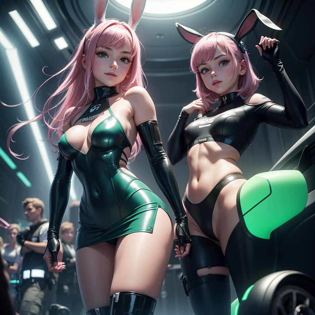 (masterpiece), (best quality), (high res) Solo, (perfect anatomy), (young girl (************), fair skin, pink hair (shoulder length), green eyes, (bunny ears) (skin tight swimsuit), (blue high heels boots), (shirt), (super tight mini skirt), smiling, flat chest in a futuristic stage setting with a green light, cyberpunk, cyber suit, best anime 4k, cybersuits, inside a car full of people