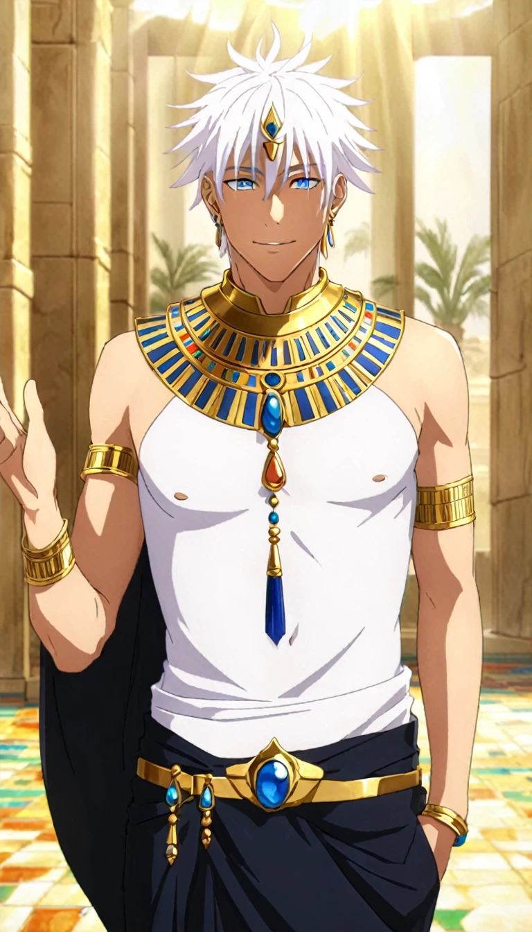best quality, 32k quality, masterpiece, Extremely detailed, distant view, boy, blue eyes, solo, Egyptian royalty, (ancient egyptian clothes:1.3), bare shoulders, revealing clothes, Egyptian jewelry, luxury, Men's Egyptian, erotic clothing, Men's, Egyptian hat, ultra detailed face, palace, sunlight, elaborate, stunning picture, usekh collar, golden jewelry, Inside a room packed with jewels and gold, Male, masculine, Expressive, naturalistic, good lighting, Looking at the screen, one hand on the head and one hand in front of the hips, Hair in the wind, Vibrant colors, smile on your face, Sensualizing for the camera, looking confident, Snow-white skin, front view, belly exposed