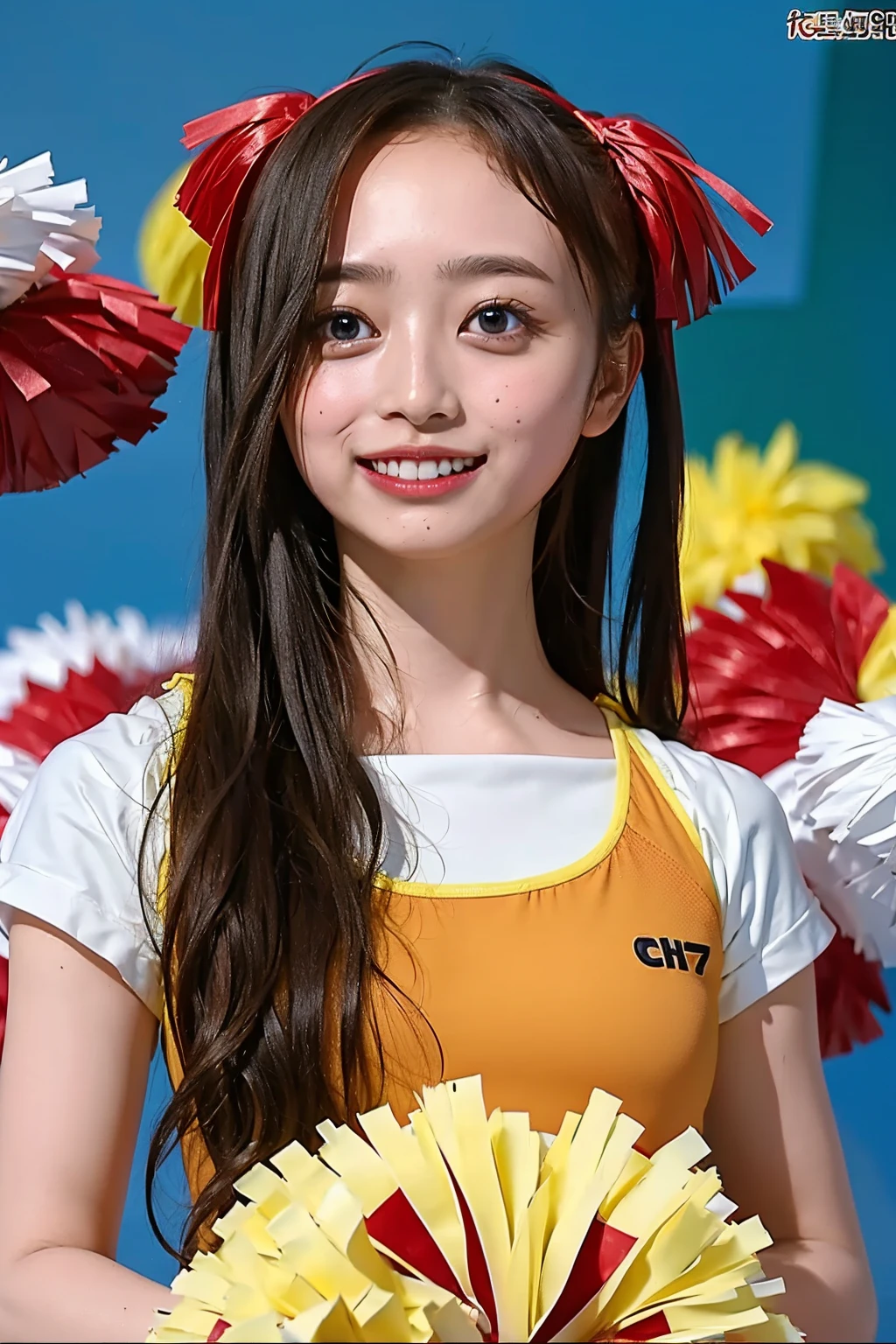 Ultra-high resolution,big eyes,((brown eyes)),Japanese,(forehead),(a girl),(1 girl),((17 years old)),(cute),pretty,((facing at viewer)),arms behind back,grin,(((cheer leader costume)))
