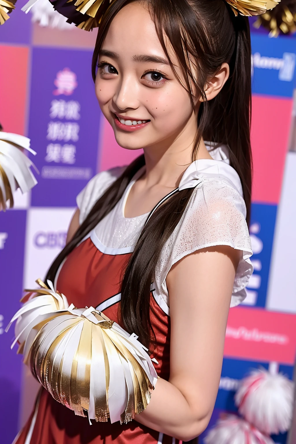 Ultra-high resolution,big eyes,((brown eyes)),Japanese,(forehead),(a girl),(1 girl),((17 years old)),(cute),pretty,((facing at viewer)),arms behind back,grin,(((cheer leader costume)))