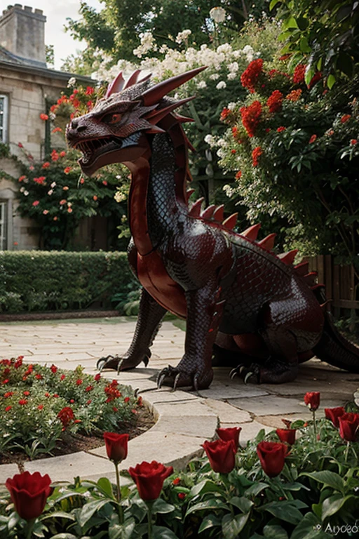 Garden of red flowers with a red and black dragon