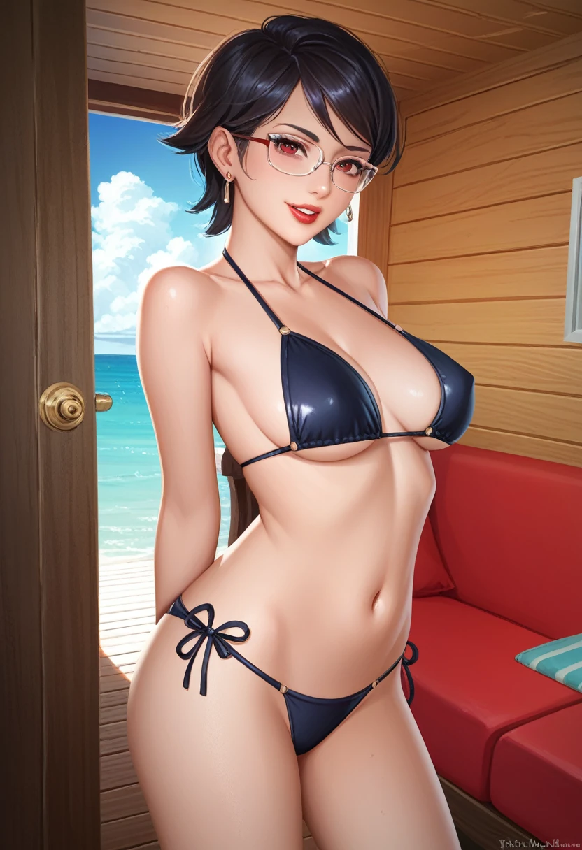 score_9_up, score_8_up, score_7_up, 1girl, solo, mature female, Sarada, looking at viewer, black short hair, red eyes, red lips, parted lips, naughty smile, glasses, black seductive bikini, fit slim body, perfect small erected breast,((yacht cabin)), night time, standing tall in seductive pose, 