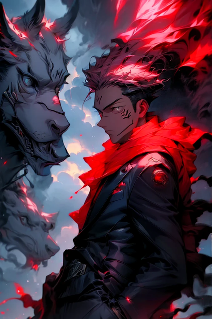 masterpiece, best quality, RyomenSukuna, 1man, jacket, ((black suit)), closed mouth, serious, red eyes, city alley, ((day, clouds)), tattoo, walking, hands in pockets, ((crowds:1.3)), ((upper body)), outdoors,