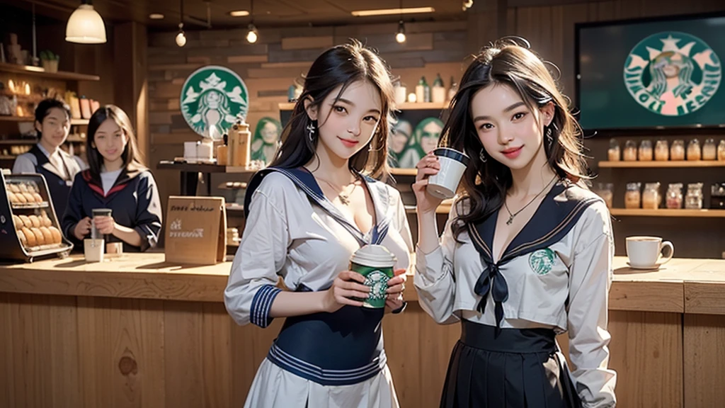 8K、RAW Photos、Highest quality、Super detailed、Super Resolution、Ultra HD、8K壁紙、Amazing details
(((Inside the Starbucks store、16 year old high school girl in sailor suit)))、Eat cake、Drink coffee、smile、Heart Necklace((Emphasize cleavage))
(Full body photo)