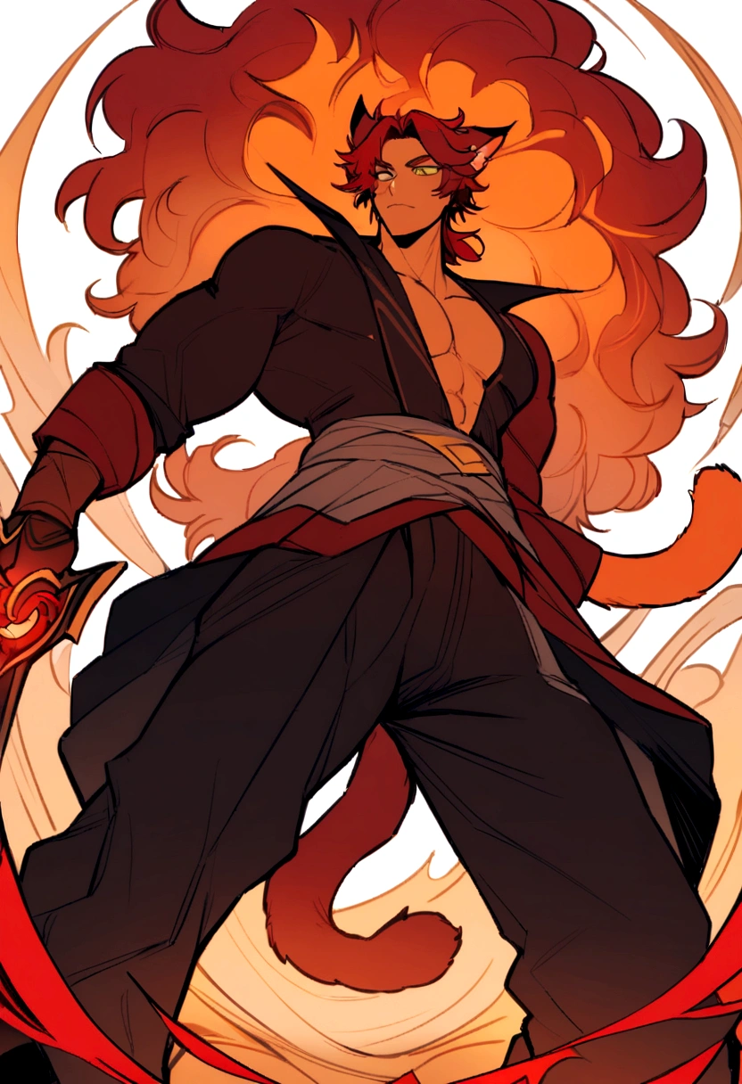 original, adult man, with red hair, orange highlights, big hair, cat ears on top of head, a feline tail, vestimentas, sobretudo vermelho por cima de uma vestimentas branca, black adventurer pants, a sword behind your back, Scarlet Flames in his left hand