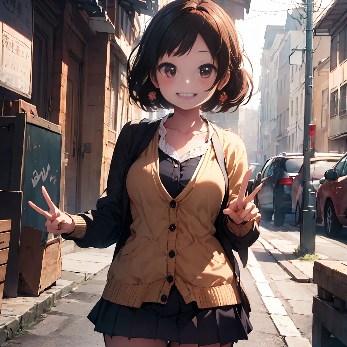 Smile,best Smile,double Peace,cardigan,miniskirt,masterpiece,best quality,ultra detailed,high resolution,extremely detailed CG, (perfect hand),