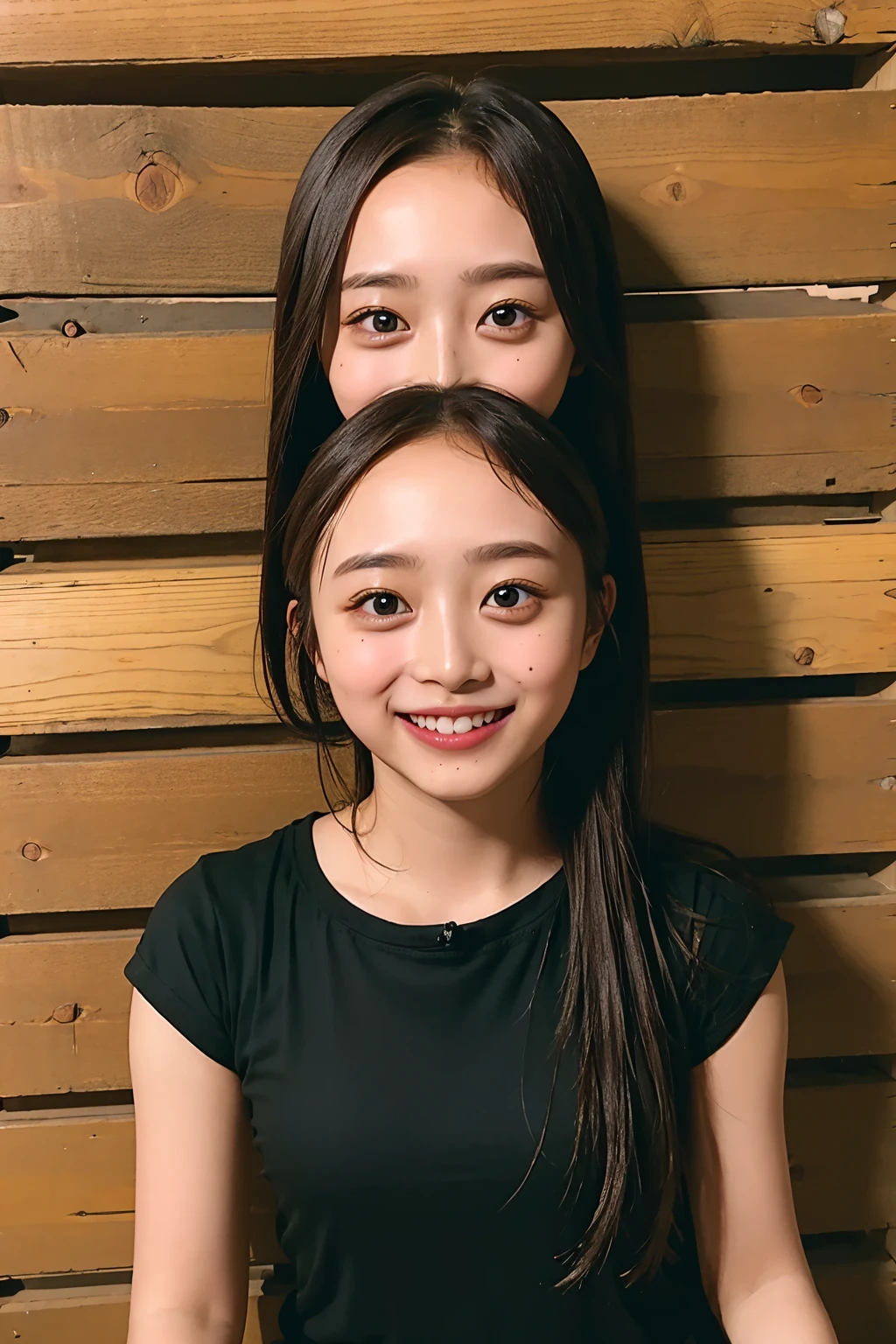 (((upper body shot))),Ultra-high resolution,big eyes,((brown eyes)),Japanese,(forehead),(a girl),(1 girl),(()),(cute),pretty,((facing at viewer)),arms behind back,grin,(((black shirt)))