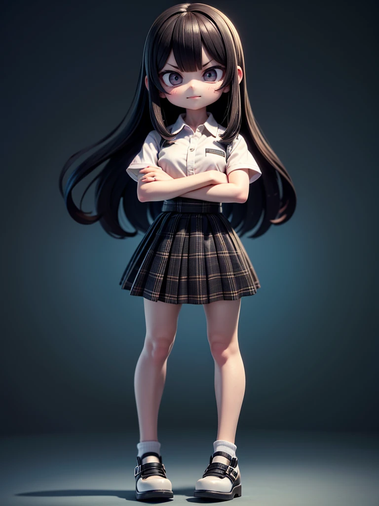 、Jewel-like eyes、full body、smile、Long black hair、(Blue checkered pleated skirt)+(White collared shirt)、Angry with arms crossed、（Change to micro mini skirt）、（No underwear）