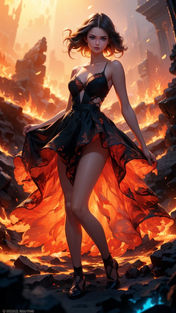 (La Best Quality,A high resolution,Ultra - detailed,current),Selena Gomez in a dress made of lava magma, (cabello elemento fuego:1.4 ) , (fire magma dress :1.4), ,(Ruined dungeon ruins background:1.4 ), More detailed 8K.unreal engine:1.4,uhd,La Best Quality:1.4, photorealistic:1.4, skin texture:1.4, Masterpiece:1.8,first work, Best Quality,object object], (detailed face features:1.3),(The correct proportions),(Beautiful blue eyes),  (dynamic cowboy pose), (Selena Gomez :1.4), (perfect anatomy :1.4),( cinematic lighting :1.4), (face detailed Selena Gomez :1.4), (magma alas grandes :1.4),( magma lingerie lace style :1.4), (skirt lifted by itself: 1.1), (skirt lift: 1.3), (showing white panties: 1.3), (fire element:1.4),(It consists of a fire element, (rodeado de magma lava:1.4), (vestido de magma V2.1), (piedras grandes magma negro :1.4), (including wisps of flames:1.4) , glowing hot embers, (subtle curls of smoke:1.4) , and a beautiful fire druid. (The druid stands in the midst of a raging inferno with an interesting composition:1.4) .(lava :1.4), (essence of fire:1.4) , painting of a firery demon elemetal