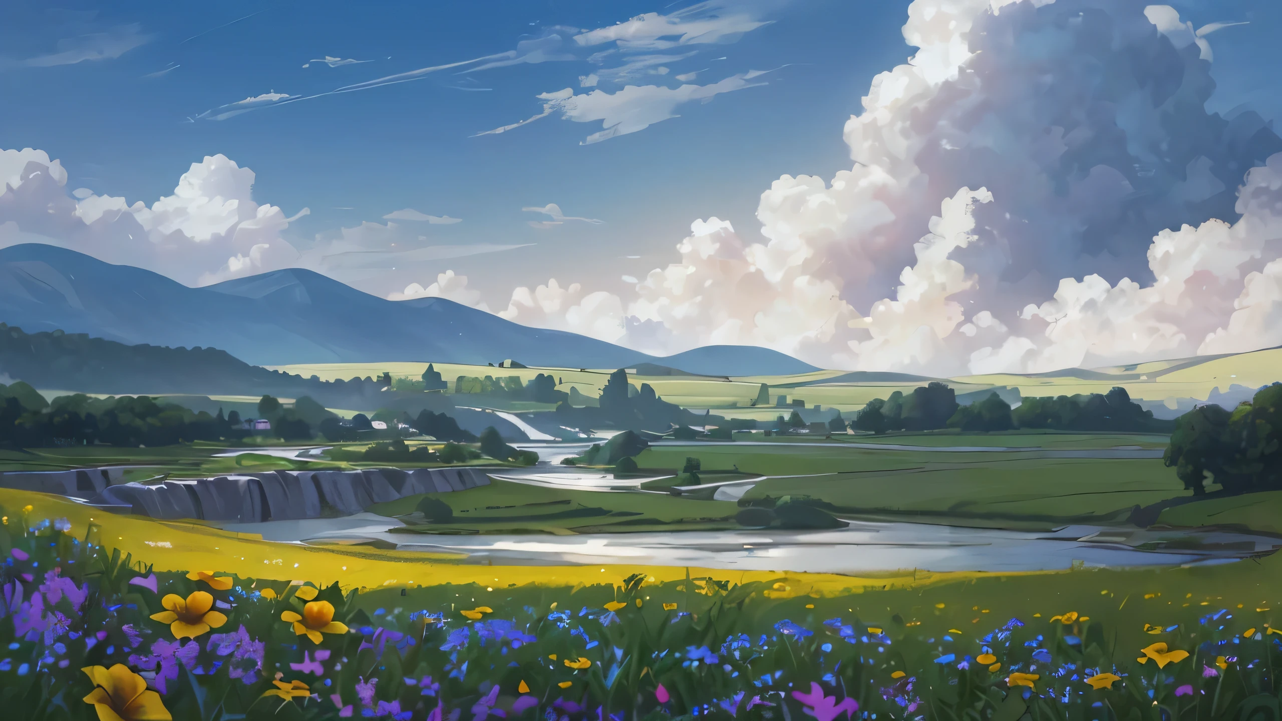 16k quality, masterpice, epic light, many sunshine with yelow-white color, natural Subsurface scattering on plants, big and gorgeous skies, ultra detailed flowers with different colors in prim plan, dinamic river being by grass, contrast and joyfull and bright real-nature colors, defined flowers, proportional flowers, very bright day