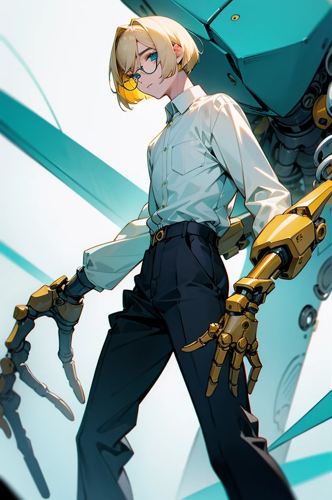 boy, blond, bob hairstyle, turquoise eyes, White shirt, black trousers, round glasses with yellow lenses, anatomically correct mechanical arms