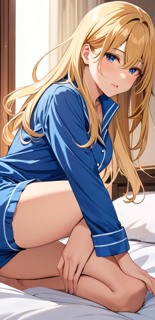 (masterpiece, best quality:1.2), 1girl, crawling in a bed, blonde, long hair, horny, blue pajamas,blue pajamas short bottoms, sexy pose, open legs