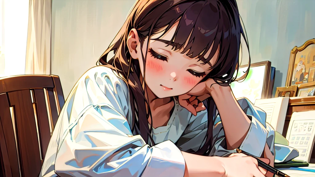 (Highest quality, masterpiece, Ultra-realistic), Beautiful and delicate15Year-old girl portrait, With a calm and gentle expression, The background is the bedroom at home.、I am studying hard at my desk.、Holding a pen、Cute clothes、Bust is C cup、Wearing headphones and occasionally listening to music、Dance occasionally、When listening to music, I put my hands over my ears and close my eyes.
