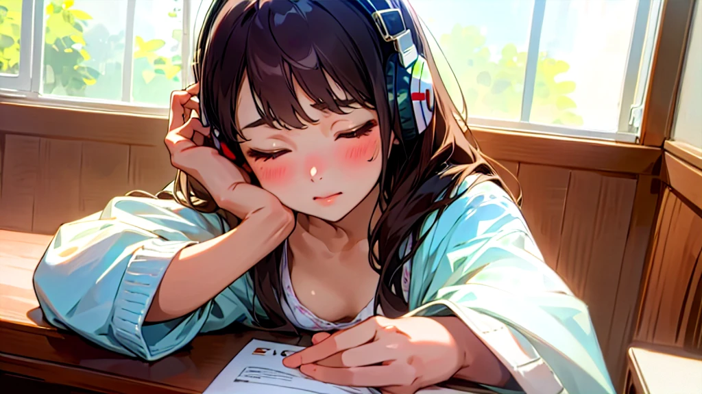 (Highest quality, masterpiece, Ultra-realistic), Beautiful and delicate15Year-old girl portrait, With a calm and gentle expression, The background is the bedroom at home.、I am studying hard at my desk.、Holding a pen、Cute clothes、Bust is C cup、Wearing headphones and occasionally listening to music、Dance occasionally、When listening to music, I put my hands over my ears and close my eyes.