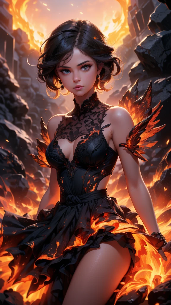(La Best Quality,A high resolution,Ultra - detailed,current),Selena Gomez in a dress made of lava magma, (cabello elemento fuego:1.4 ) , (fire magma dress :1.4), ,(Ruined dungeon ruins background:1.4 ), More detailed 8K.unreal engine:1.4,uhd,La Best Quality:1.4, photorealistic:1.4, skin texture:1.4, Masterpiece:1.8,first work, Best Quality,object object], (detailed face features:1.3),(The correct proportions),(Beautiful blue eyes),  (dynamic cowboy pose), (Selena Gomez :1.4), (perfect ??????? :1.4),( cinematic lighting :1.4), (face detailed Selena Gomez :1.4), (magma alas grandes :1.4),( magma lingerie lace style :1.4), (skirt lifted by itself: 1.1), (skirt lift: 1.3), (showing white panties: 1.3), (fire element:1.4),(It consists of a fire element, (rodeado de magma lava:1.4), (vestido de magma V2.1), (piedras grandes magma ????? :1.4), (including wisps of flames:1.4) , glowing hot embers, (subtle curls of smoke:1.4) , and a beautiful fire druid. (The druid stands in the midst of a raging inferno with an interesting composition:1.4) .(lava :1.4), (essence of fire:1.4) , painting of a firery demon elemetal