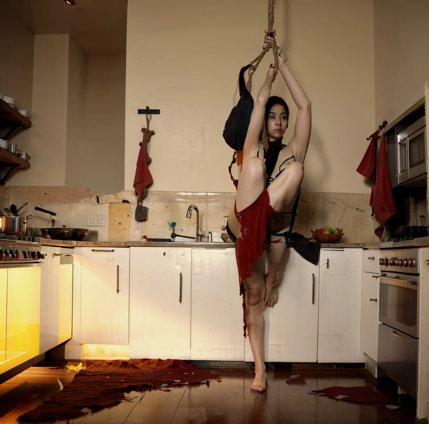 legs hanging from a rope covered in cuts with blood dripping on the floor of a dark kitchen