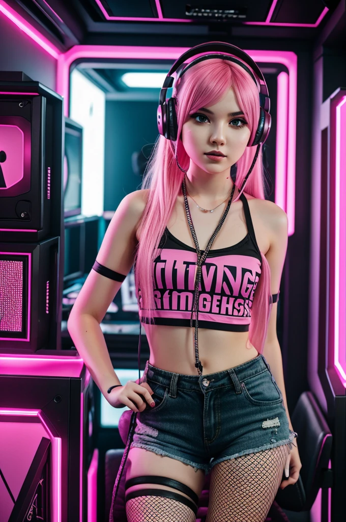 1 beautiful albino woman with blonde hair with freckles, pink blush and tattoos wearing knee-high socks and a short mini skirt, sitting in a pink gaming chair, holding a PS5 controller high quality image, perfect symmetry, vibrant and clear, details of first quality and definition, 1200 PPI – Photographic resolution with greater central realism, hyper-realistic and cinematic 16K UHD image resolution of high fidelity.