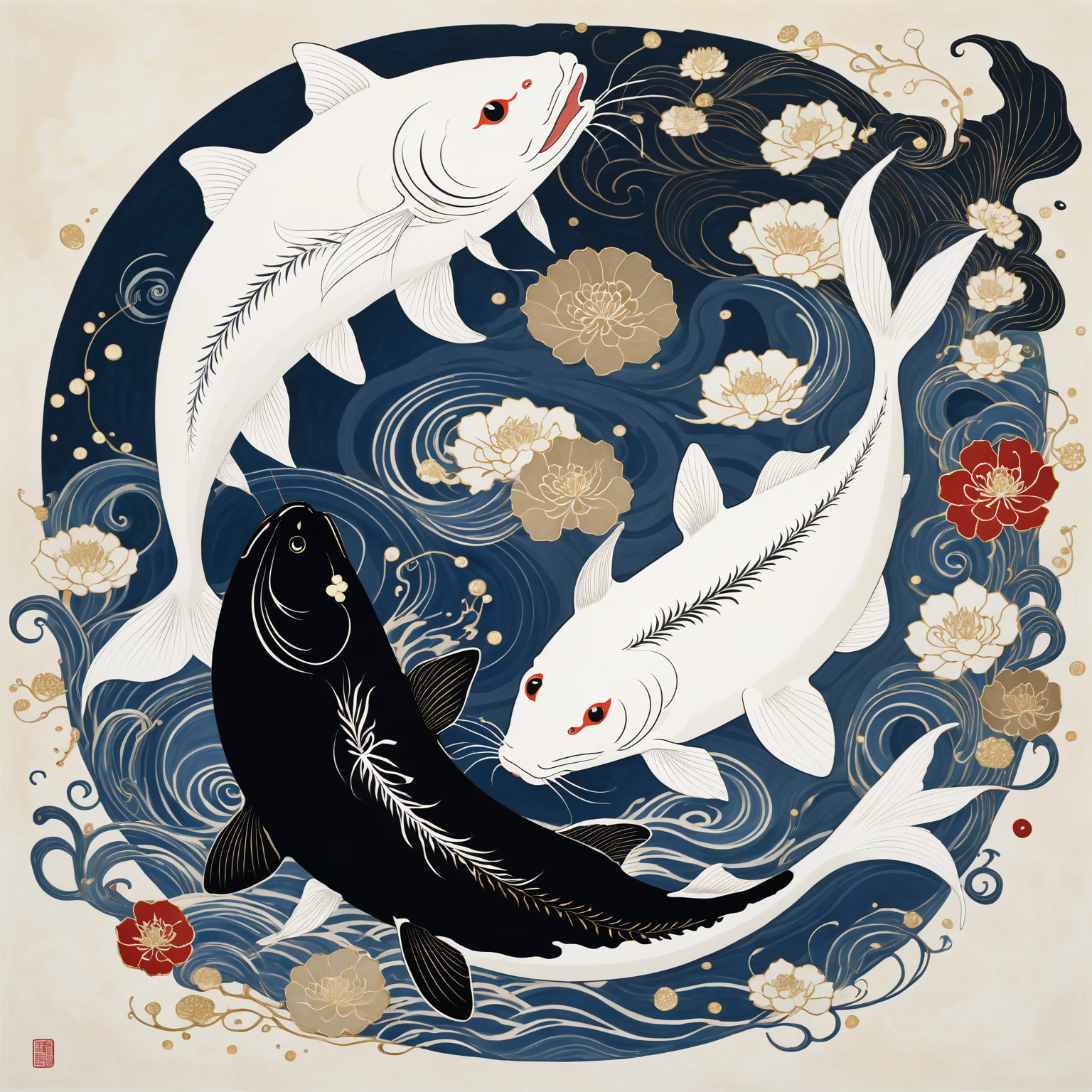 ying-yang symbol, a black catfish and a white catfish, Japanese style mixing with slight Klimt influence. 