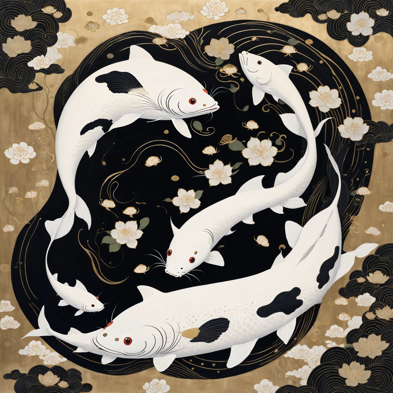 ying-yang symbol, a black catfish and a white catfish, Japanese style mixing with slight Klimt influence. 