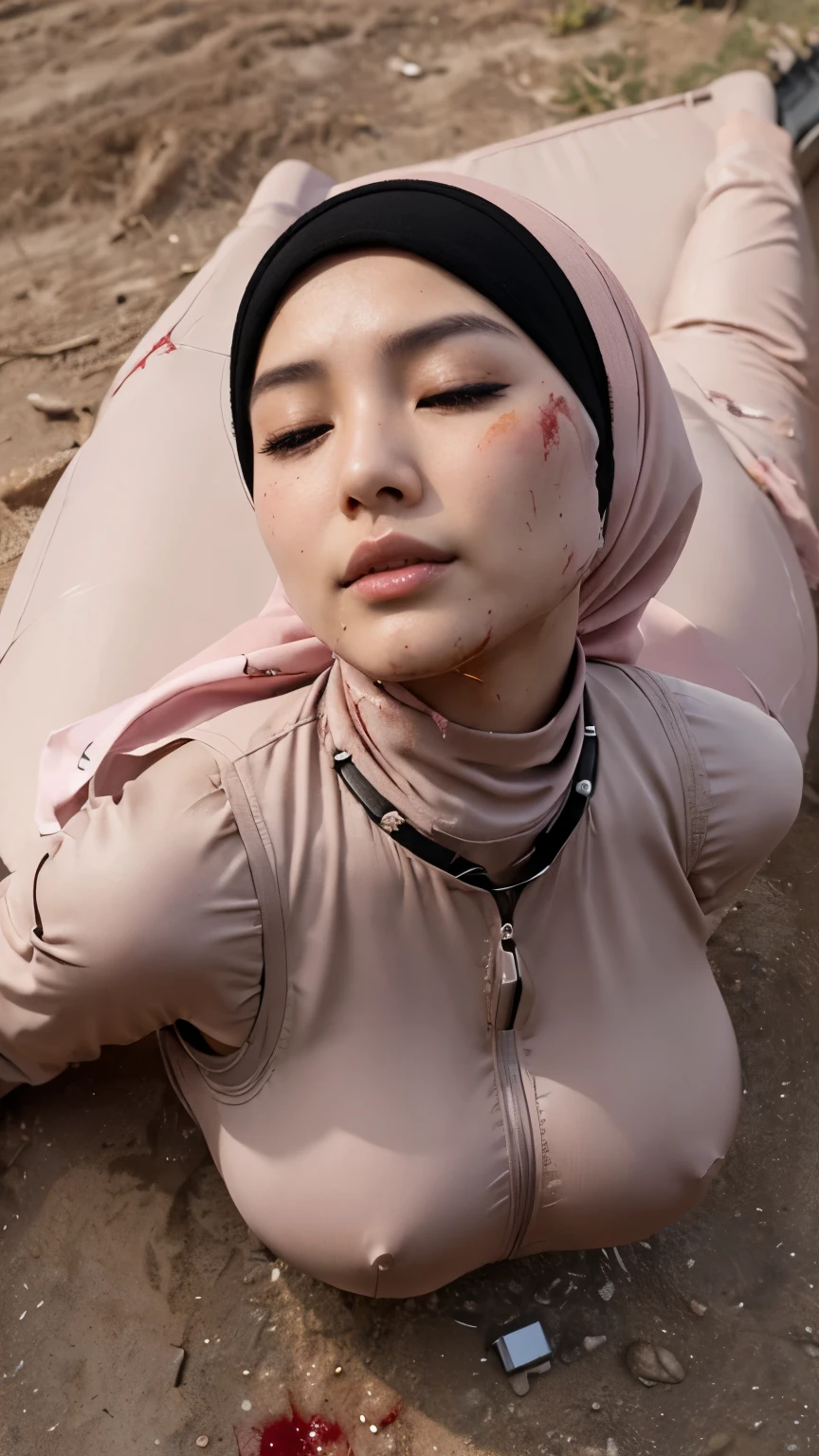 Best image quality, Excellent details, Ultra-high resolution, (realism: 1.2), ((Cowboy Shot:1.2)), Best illustrations, Favorite Details, A young Korean Idols woman and very condensed woman, 30 years old, Beautiful and delicate facial features, Perfect Proportions, ((From up)),((((Lie on your back on the ground, Close ~ eyes,defeat with blood)))),Perfect Breasts, Chubby:0.4, ((A swollen belly like perfect body woman)),((I like hijab suits, Pink mech, Military Harness)), The background is a military base, (wet shot:0.4).