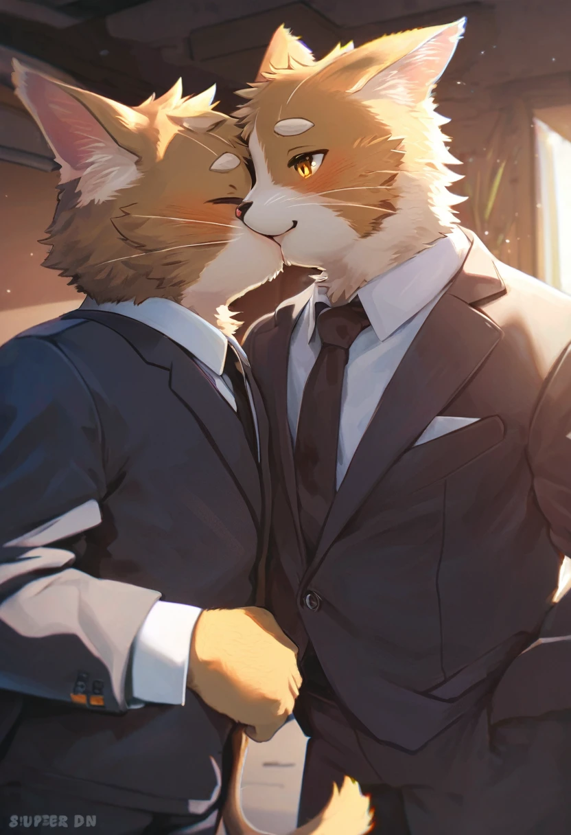 front page, high resolution, Superior quality, Best Quality, paid reward available, incomparable masterpiece, perfect work of art, absurdities, High quality illustrations, súper high resolution, detailed background, perfect anatomy(handsome 1boy, kemono, Suits, hairy den, hairy body, dog facial features, dog body characteristics)(handsome 1boy, kemono, Suits, hairy den, hairy body, cat facial features, cat body features)standing, bird kiss, Hugs, SMILE, happy, cinematic lighting,